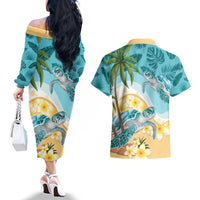 Cayman Islands Couples Matching Off The Shoulder Long Sleeve Dress and Hawaiian Shirt Sea Turtle Plumeria Tropical Vibes