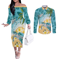 Cayman Islands Couples Matching Off The Shoulder Long Sleeve Dress and Long Sleeve Button Shirt Sea Turtle Plumeria Tropical Vibes