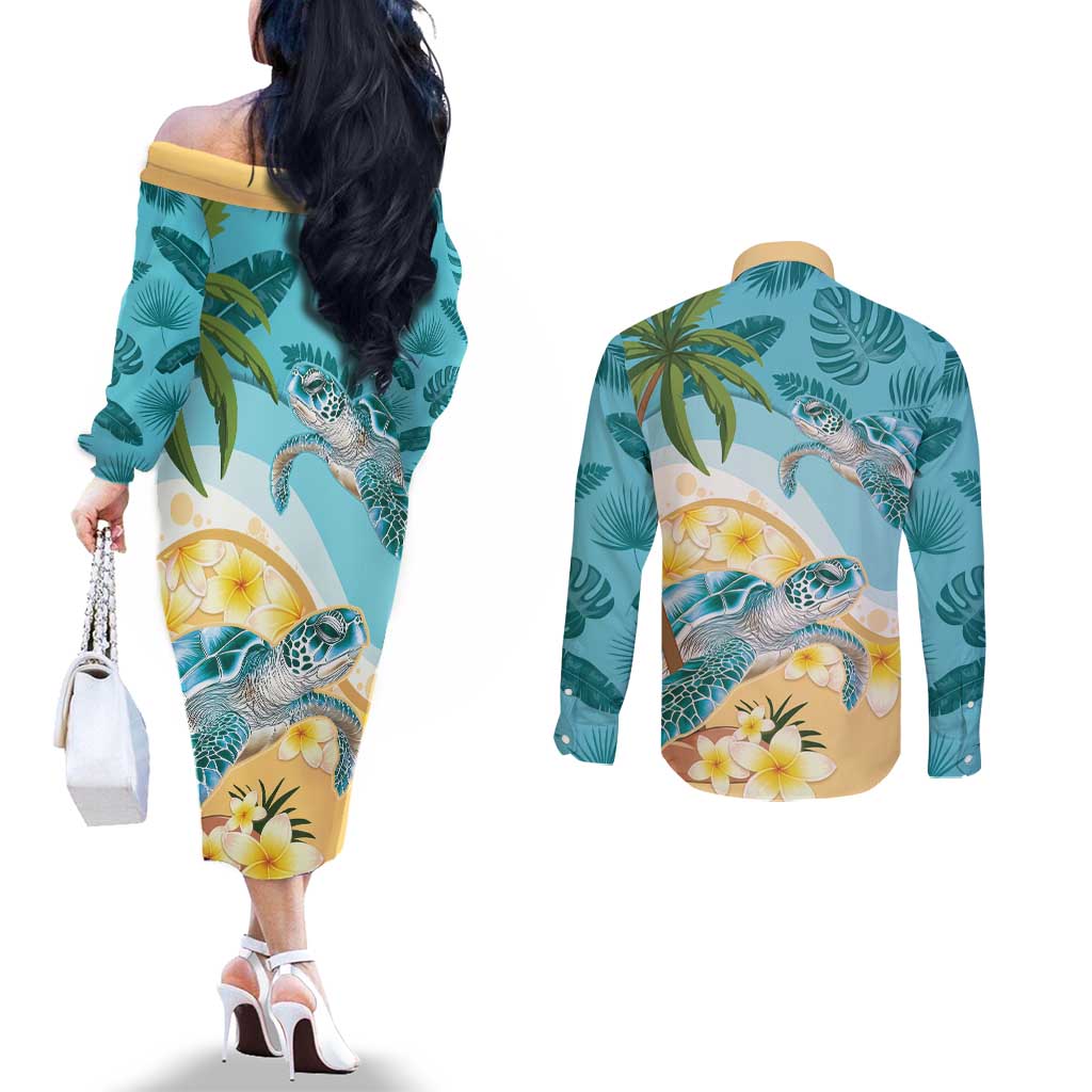 Cayman Islands Couples Matching Off The Shoulder Long Sleeve Dress and Long Sleeve Button Shirt Sea Turtle Plumeria Tropical Vibes