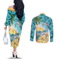 Cayman Islands Couples Matching Off The Shoulder Long Sleeve Dress and Long Sleeve Button Shirt Sea Turtle Plumeria Tropical Vibes