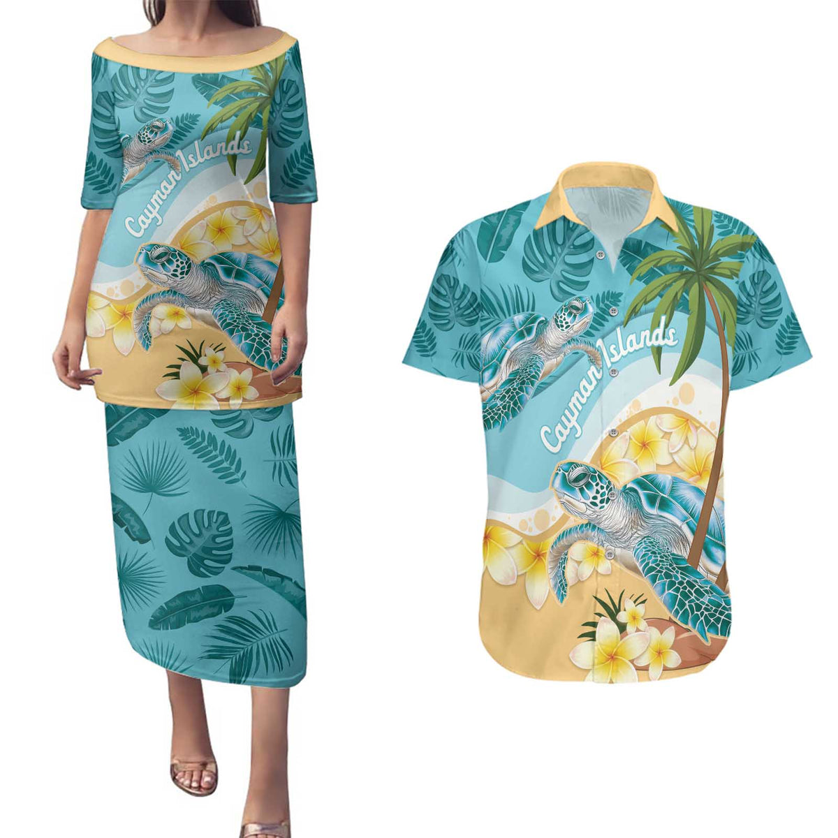 Cayman Islands Couples Matching Puletasi and Hawaiian Shirt Sea Turtle Plumeria Tropical Vibes