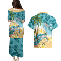 Cayman Islands Couples Matching Puletasi and Hawaiian Shirt Sea Turtle Plumeria Tropical Vibes
