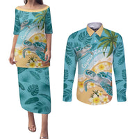 Cayman Islands Couples Matching Puletasi and Long Sleeve Button Shirt Sea Turtle Plumeria Tropical Vibes