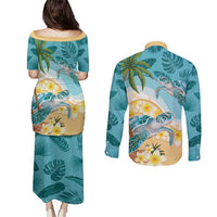 Cayman Islands Couples Matching Puletasi and Long Sleeve Button Shirt Sea Turtle Plumeria Tropical Vibes