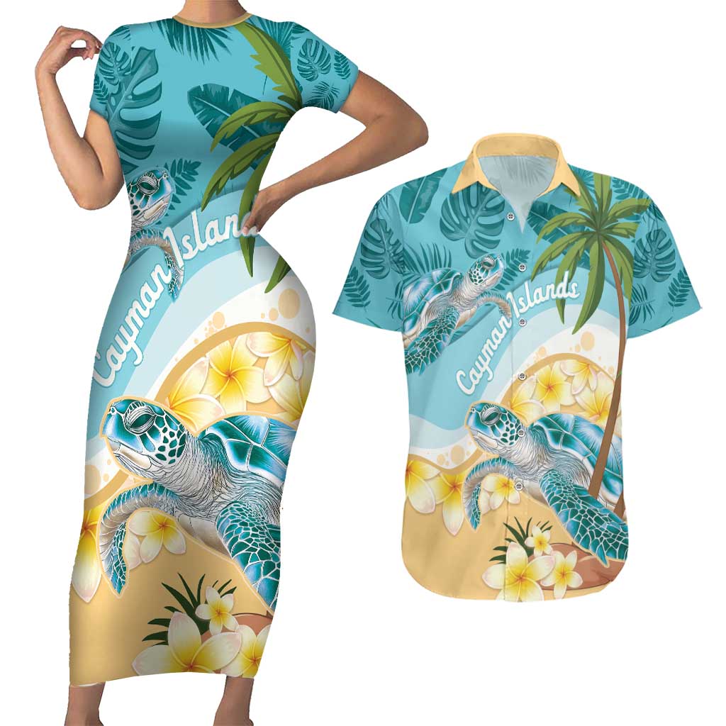 Cayman Islands Couples Matching Short Sleeve Bodycon Dress and Hawaiian Shirt Sea Turtle Plumeria Tropical Vibes