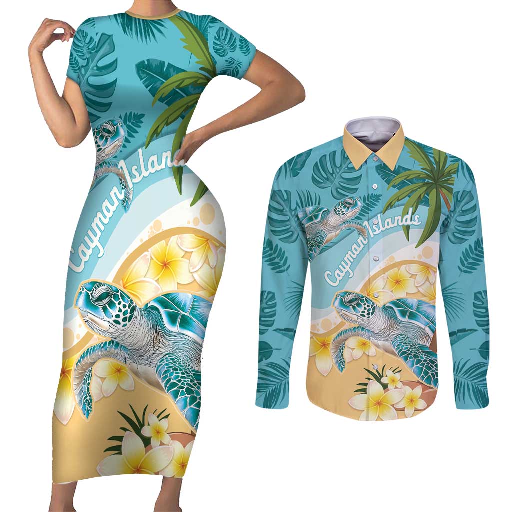 Cayman Islands Couples Matching Short Sleeve Bodycon Dress and Long Sleeve Button Shirt Sea Turtle Plumeria Tropical Vibes