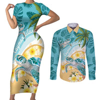 Cayman Islands Couples Matching Short Sleeve Bodycon Dress and Long Sleeve Button Shirt Sea Turtle Plumeria Tropical Vibes