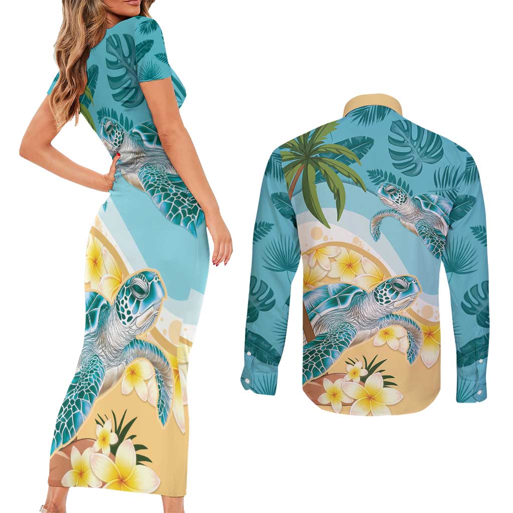 Cayman Islands Couples Matching Short Sleeve Bodycon Dress and Long Sleeve Button Shirt Sea Turtle Plumeria Tropical Vibes