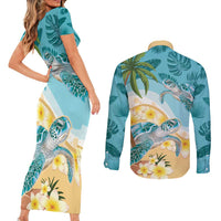 Cayman Islands Couples Matching Short Sleeve Bodycon Dress and Long Sleeve Button Shirt Sea Turtle Plumeria Tropical Vibes