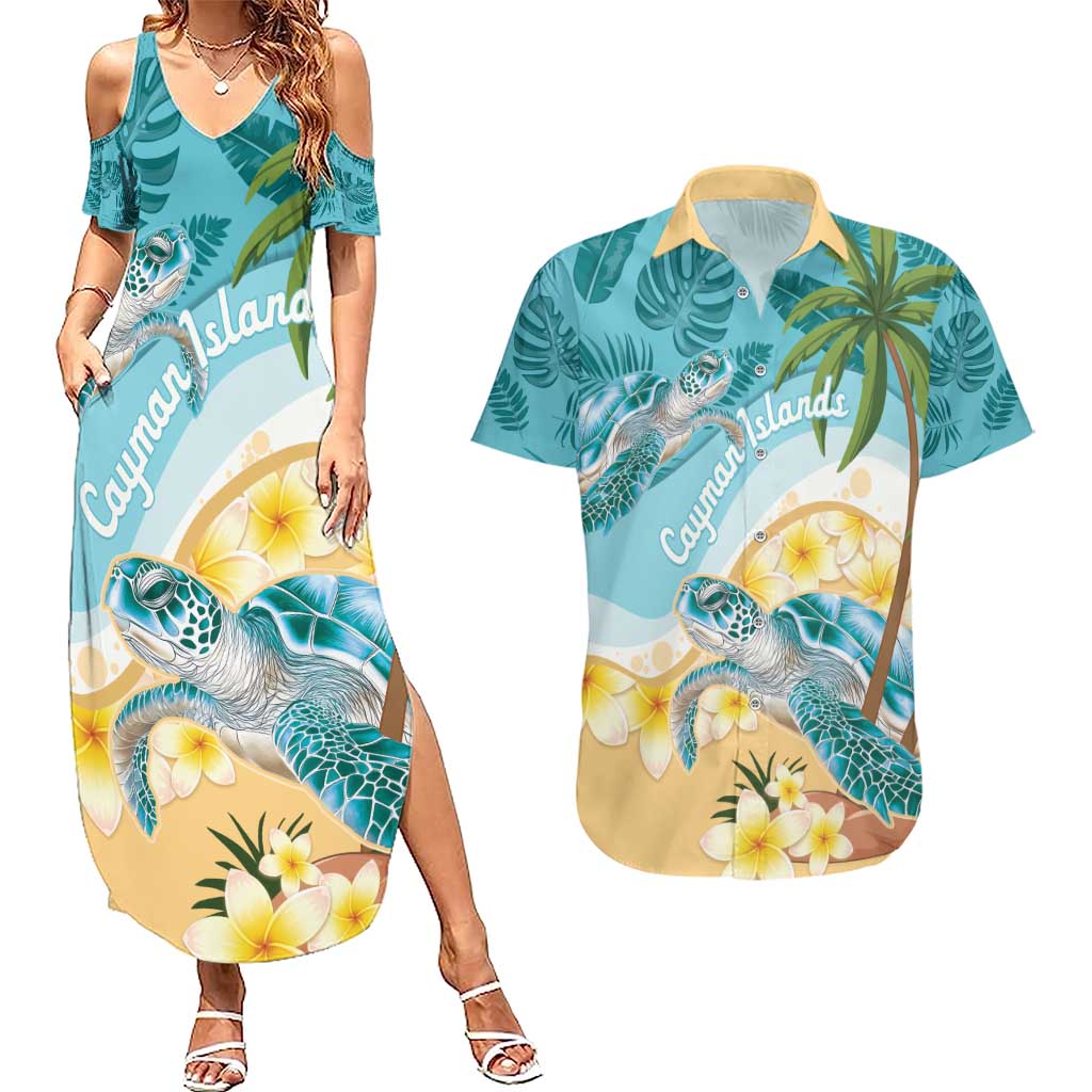 Cayman Islands Couples Matching Summer Maxi Dress and Hawaiian Shirt Sea Turtle Plumeria Tropical Vibes