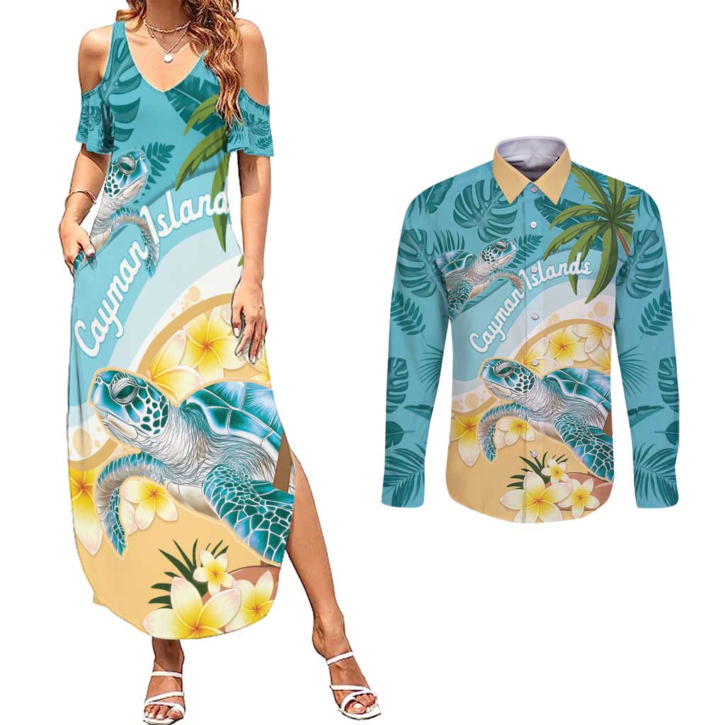 Cayman Islands Couples Matching Summer Maxi Dress and Long Sleeve Button Shirt Sea Turtle Plumeria Tropical Vibes