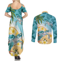 Cayman Islands Couples Matching Summer Maxi Dress and Long Sleeve Button Shirt Sea Turtle Plumeria Tropical Vibes