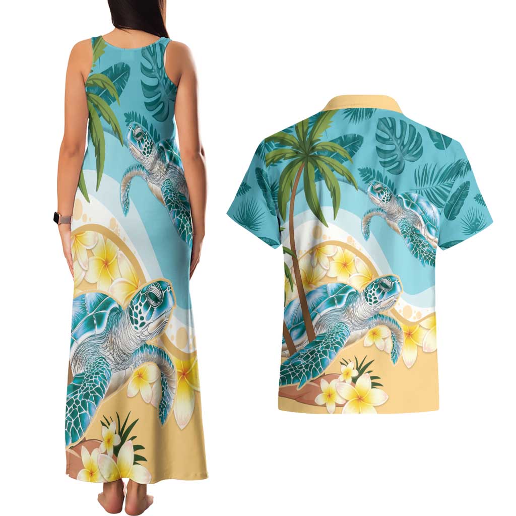 Cayman Islands Couples Matching Tank Maxi Dress and Hawaiian Shirt Sea Turtle Plumeria Tropical Vibes