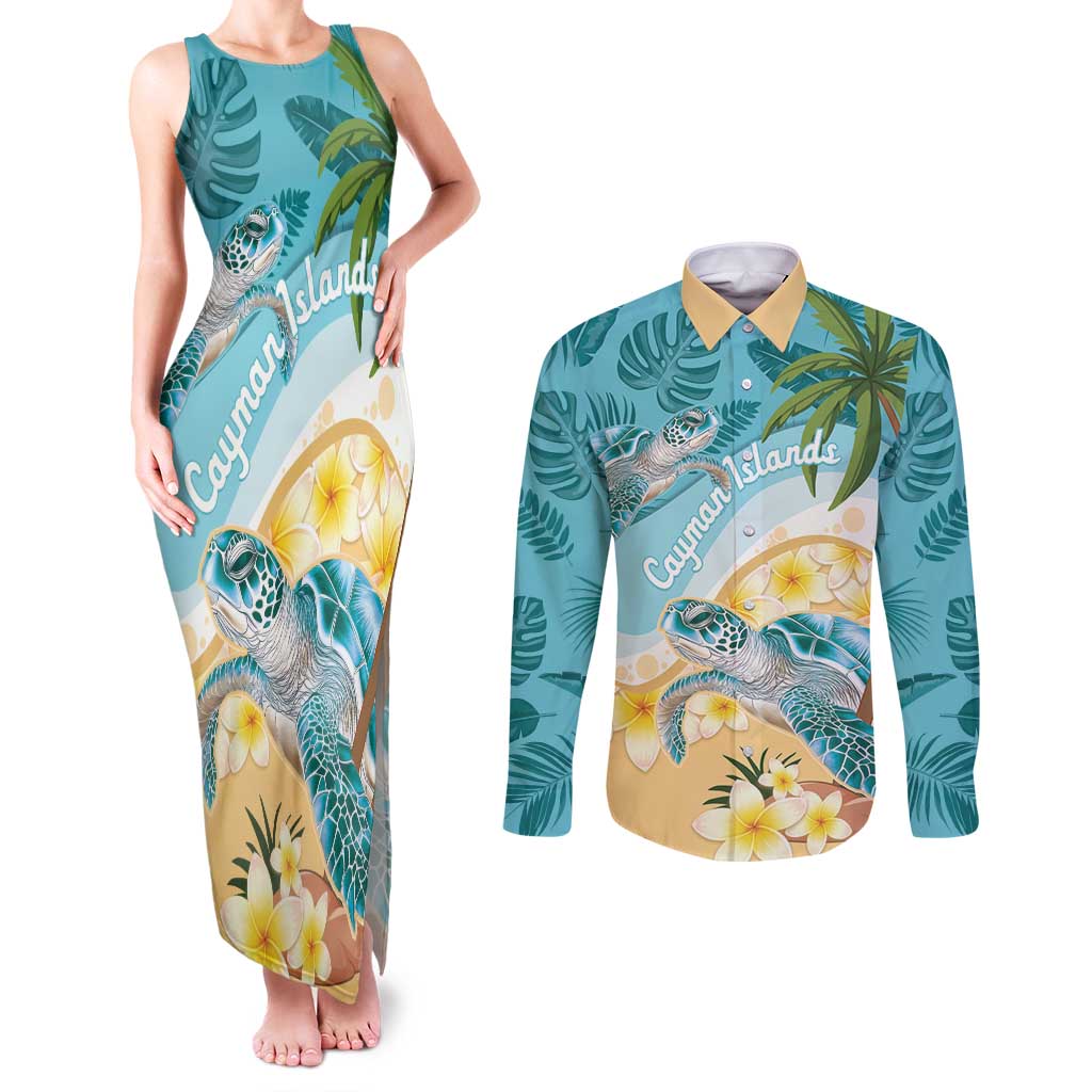 Cayman Islands Couples Matching Tank Maxi Dress and Long Sleeve Button Shirt Sea Turtle Plumeria Tropical Vibes