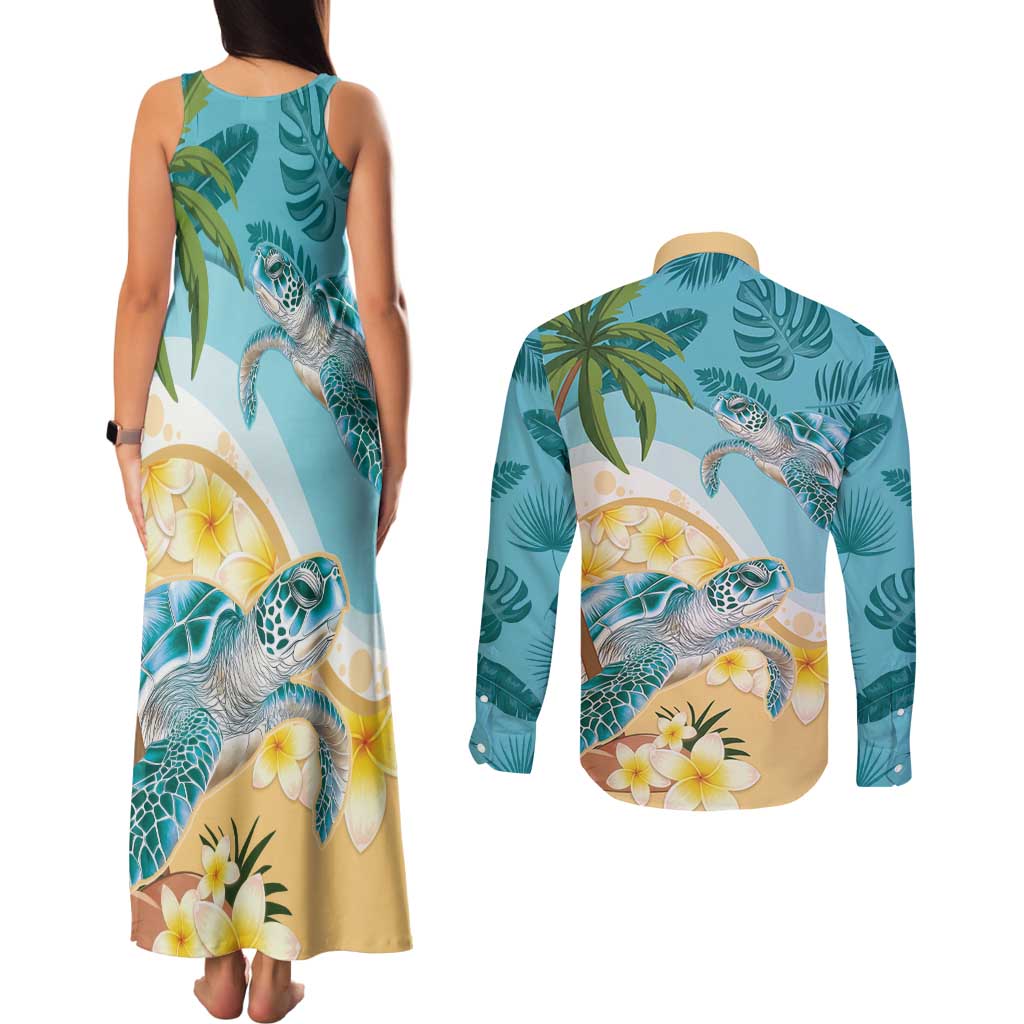 Cayman Islands Couples Matching Tank Maxi Dress and Long Sleeve Button Shirt Sea Turtle Plumeria Tropical Vibes
