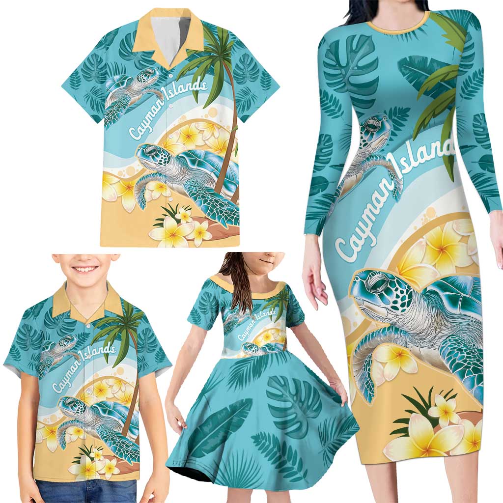Cayman Islands Family Matching Long Sleeve Bodycon Dress and Hawaiian Shirt Sea Turtle Plumeria Tropical Vibes