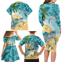 Cayman Islands Family Matching Long Sleeve Bodycon Dress and Hawaiian Shirt Sea Turtle Plumeria Tropical Vibes