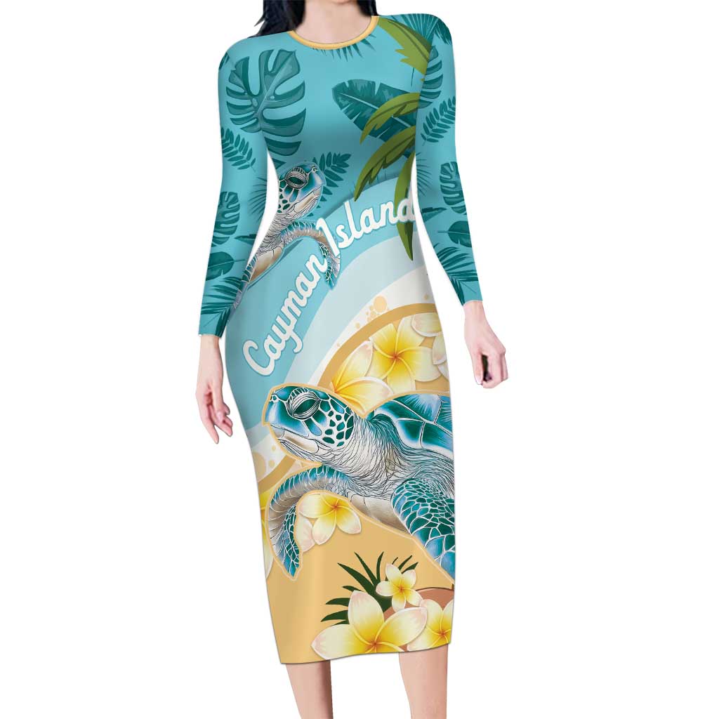 Cayman Islands Family Matching Long Sleeve Bodycon Dress and Hawaiian Shirt Sea Turtle Plumeria Tropical Vibes