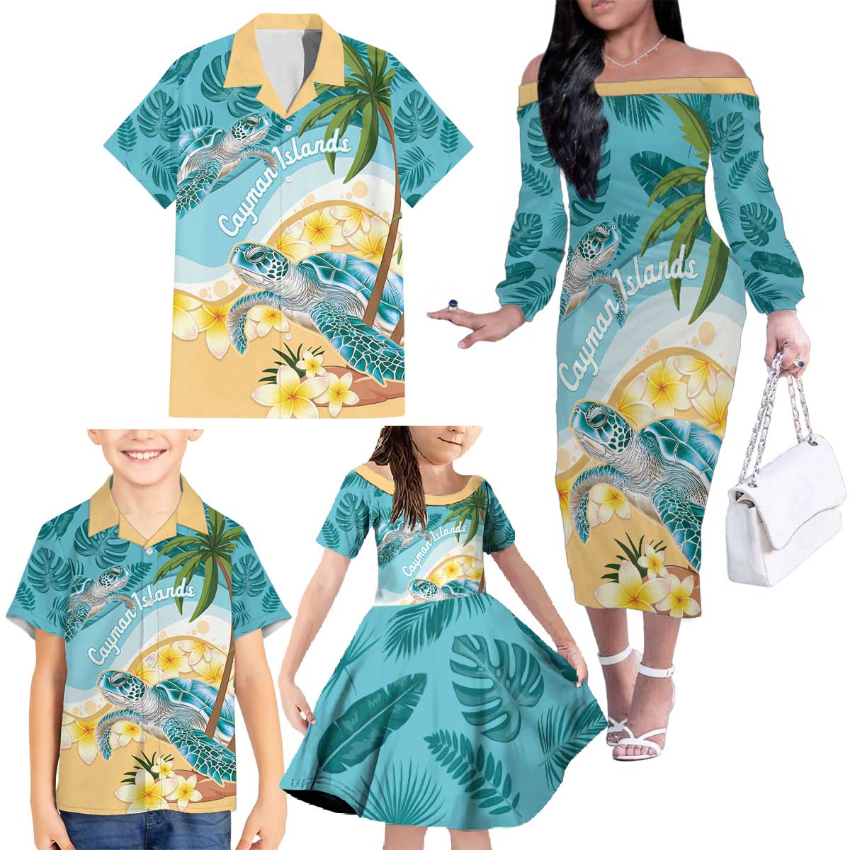 Cayman Islands Family Matching Off The Shoulder Long Sleeve Dress and Hawaiian Shirt Sea Turtle Plumeria Tropical Vibes