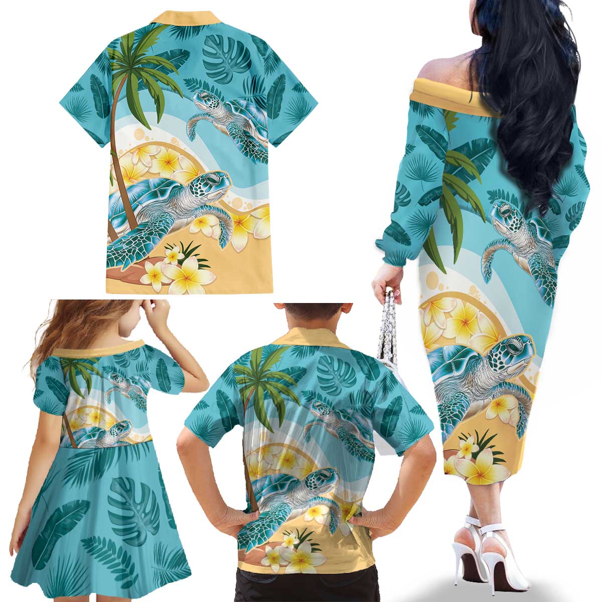Cayman Islands Family Matching Off The Shoulder Long Sleeve Dress and Hawaiian Shirt Sea Turtle Plumeria Tropical Vibes