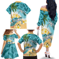 Cayman Islands Family Matching Off The Shoulder Long Sleeve Dress and Hawaiian Shirt Sea Turtle Plumeria Tropical Vibes