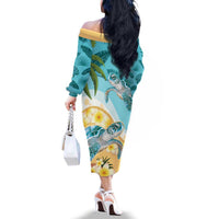 Cayman Islands Family Matching Off The Shoulder Long Sleeve Dress and Hawaiian Shirt Sea Turtle Plumeria Tropical Vibes