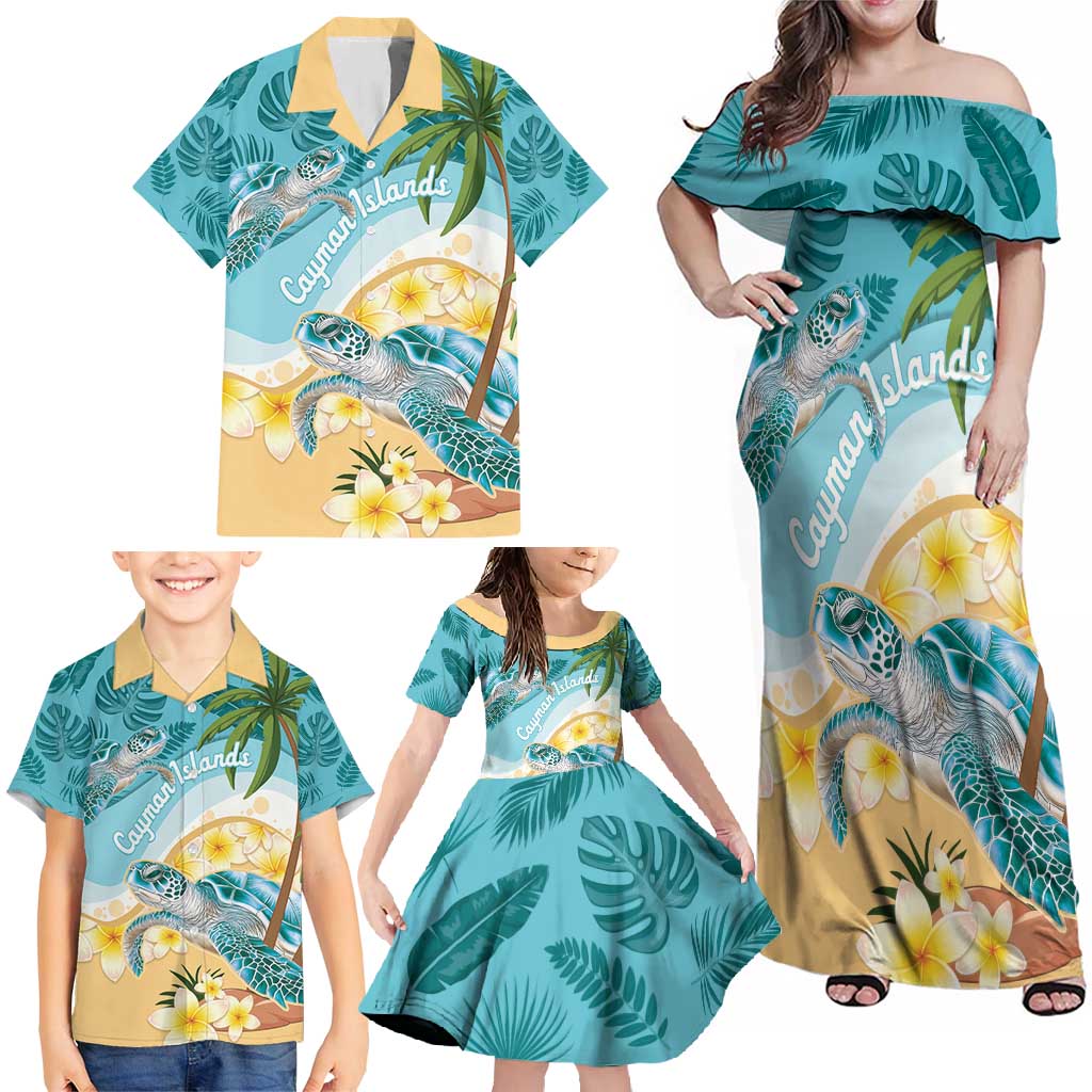 Cayman Islands Family Matching Off Shoulder Maxi Dress and Hawaiian Shirt Sea Turtle Plumeria Tropical Vibes