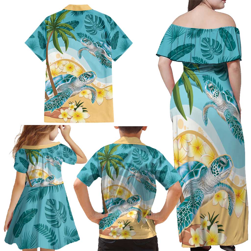 Cayman Islands Family Matching Off Shoulder Maxi Dress and Hawaiian Shirt Sea Turtle Plumeria Tropical Vibes