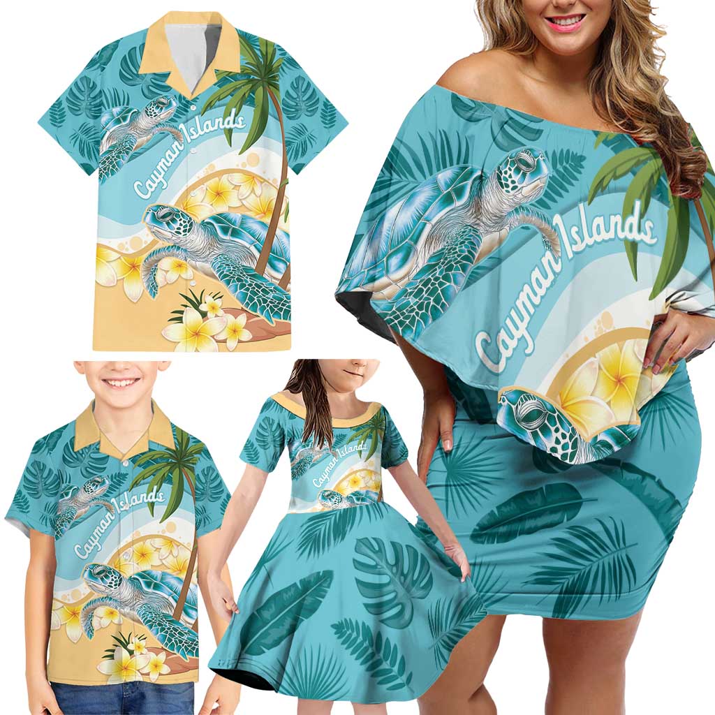 Cayman Islands Family Matching Off Shoulder Short Dress and Hawaiian Shirt Sea Turtle Plumeria Tropical Vibes
