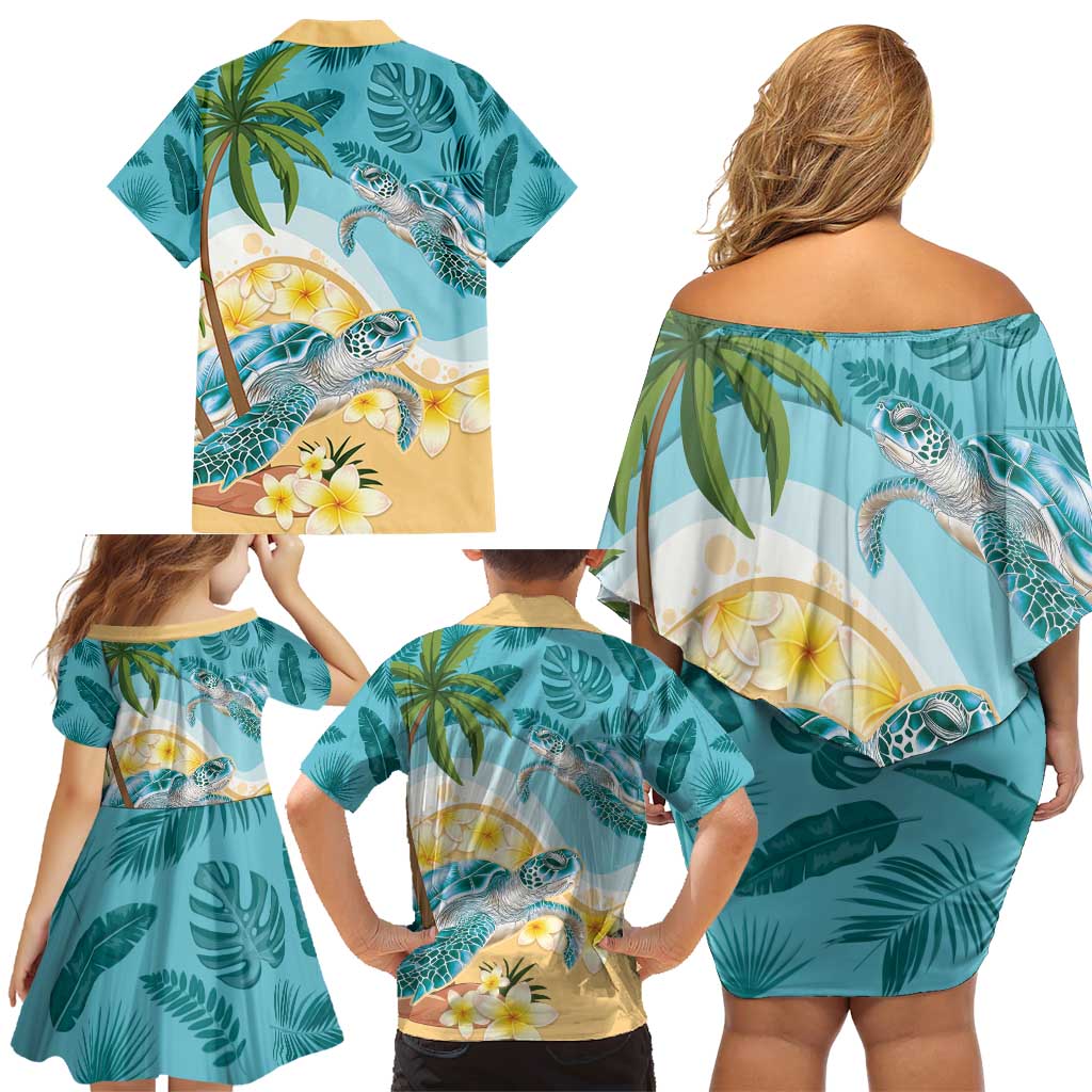 Cayman Islands Family Matching Off Shoulder Short Dress and Hawaiian Shirt Sea Turtle Plumeria Tropical Vibes