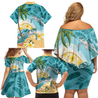 Cayman Islands Family Matching Off Shoulder Short Dress and Hawaiian Shirt Sea Turtle Plumeria Tropical Vibes