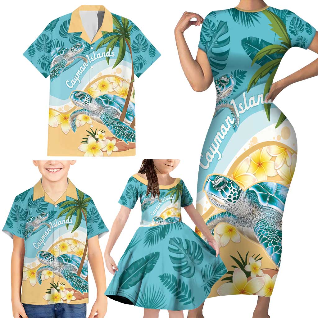 Cayman Islands Family Matching Short Sleeve Bodycon Dress and Hawaiian Shirt Sea Turtle Plumeria Tropical Vibes