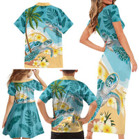 Cayman Islands Family Matching Short Sleeve Bodycon Dress and Hawaiian Shirt Sea Turtle Plumeria Tropical Vibes