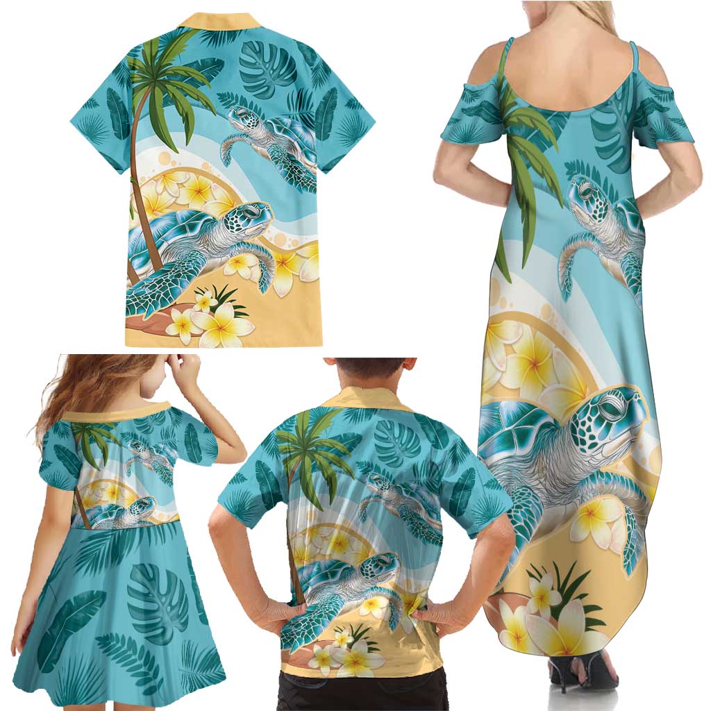 Cayman Islands Family Matching Summer Maxi Dress and Hawaiian Shirt Sea Turtle Plumeria Tropical Vibes