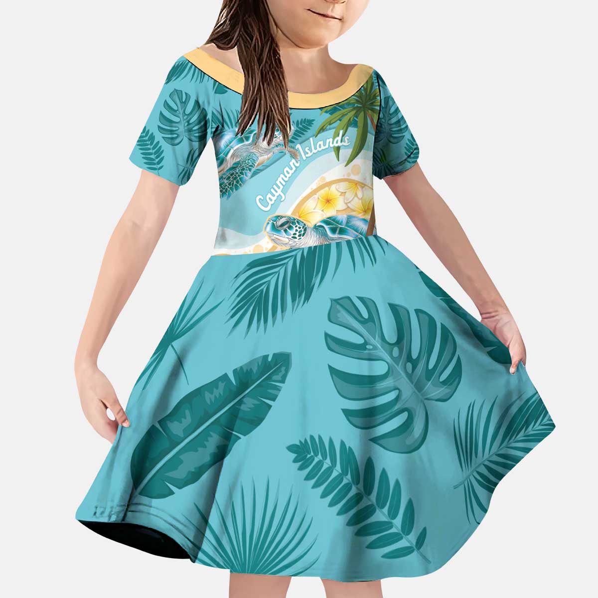 Cayman Islands Kid Short Sleeve Dress Sea Turtle Plumeria Tropical Vibes