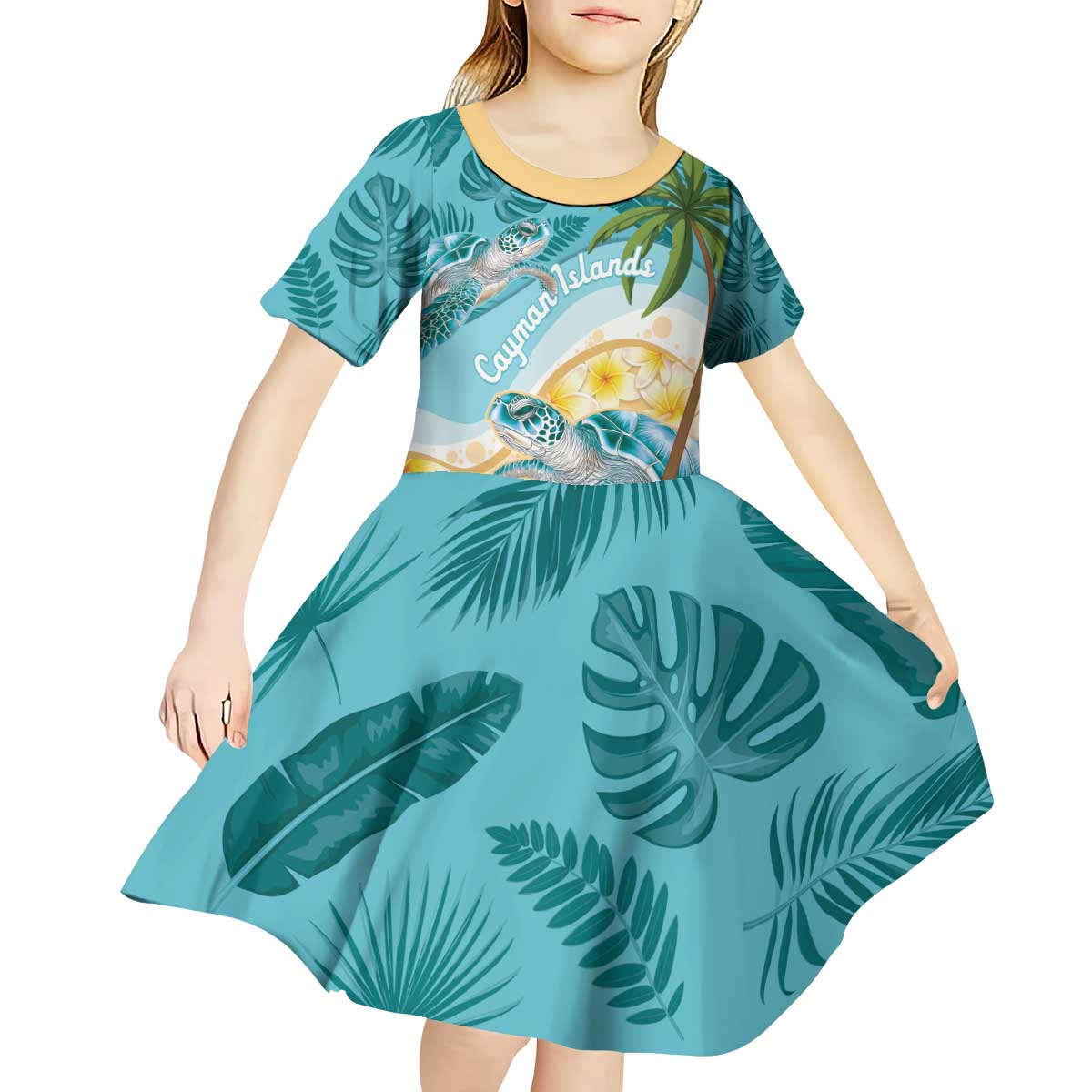 Cayman Islands Kid Short Sleeve Dress Sea Turtle Plumeria Tropical Vibes