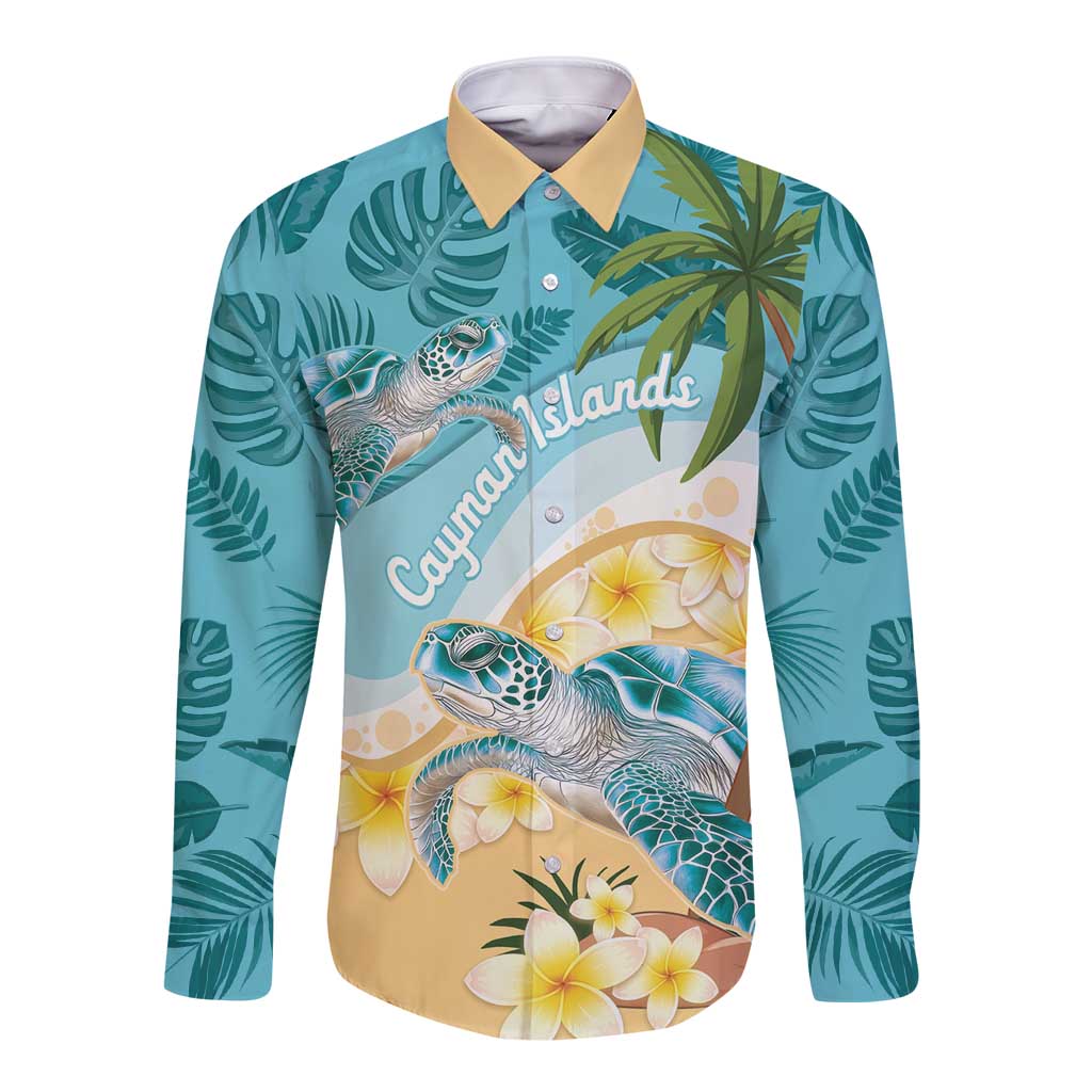 Cayman Islands Long Sleeve Button Shirt Sea Turtle Plumeria Tropical Vibes