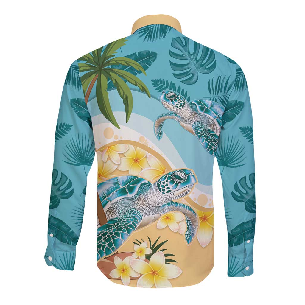 Cayman Islands Long Sleeve Button Shirt Sea Turtle Plumeria Tropical Vibes