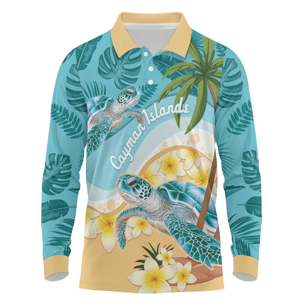 Cayman Islands Long Sleeve Polo Shirt Sea Turtle Plumeria Tropical Vibes