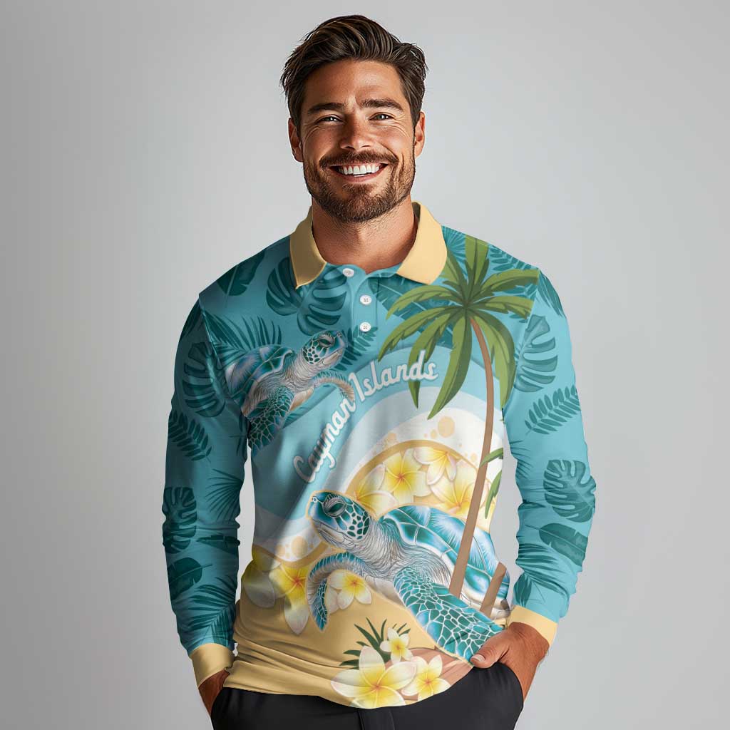 Cayman Islands Long Sleeve Polo Shirt Sea Turtle Plumeria Tropical Vibes
