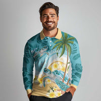 Cayman Islands Long Sleeve Polo Shirt Sea Turtle Plumeria Tropical Vibes