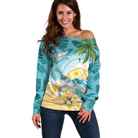 Cayman Islands Off Shoulder Sweater Sea Turtle Plumeria Tropical Vibes