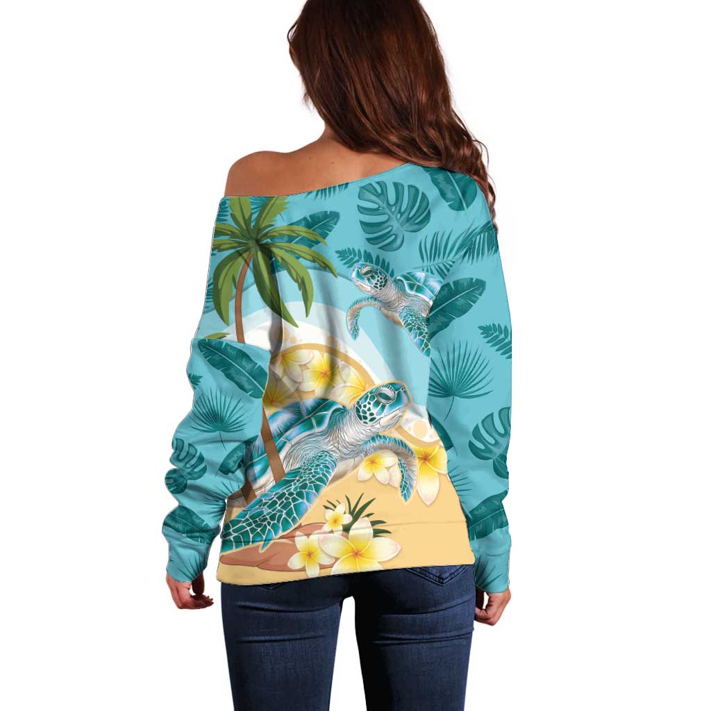 Cayman Islands Off Shoulder Sweater Sea Turtle Plumeria Tropical Vibes