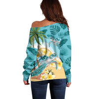 Cayman Islands Off Shoulder Sweater Sea Turtle Plumeria Tropical Vibes