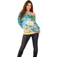 Cayman Islands Off Shoulder Sweater Sea Turtle Plumeria Tropical Vibes
