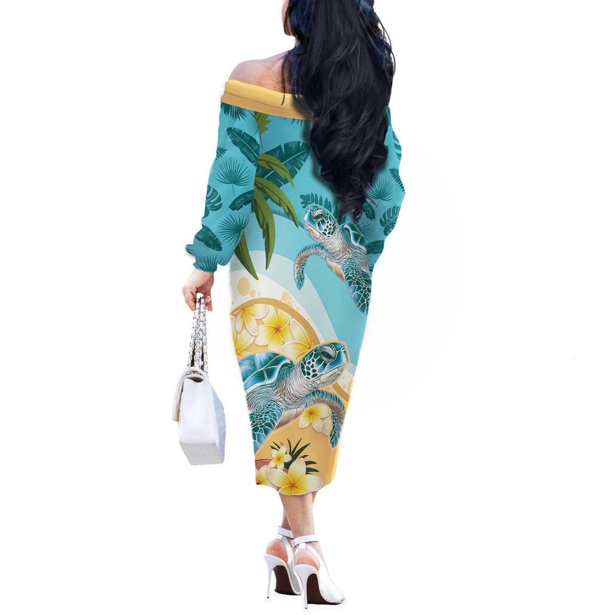 Cayman Islands Off The Shoulder Long Sleeve Dress Sea Turtle Plumeria Tropical Vibes