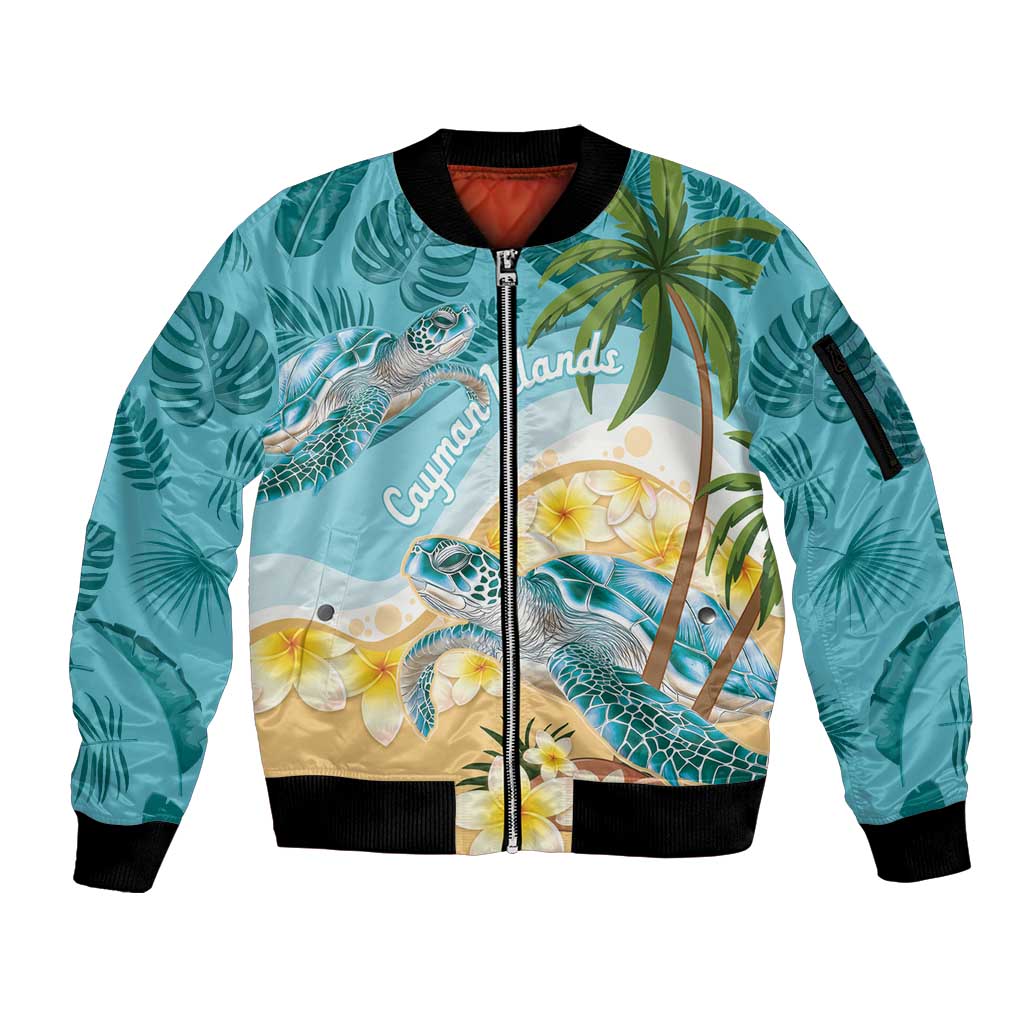 Cayman Islands Sleeve Zip Bomber Jacket Sea Turtle Plumeria Tropical Vibes