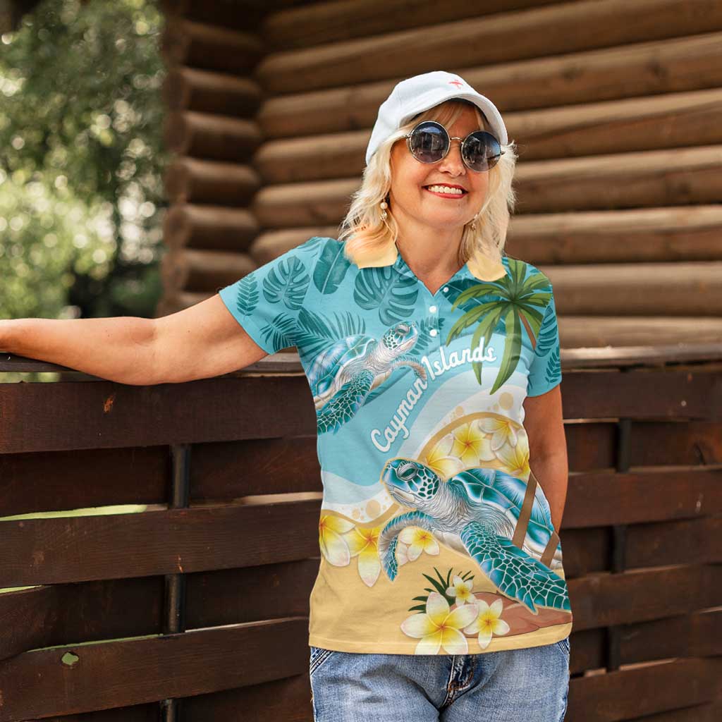 Cayman Islands Women Polo Shirt Sea Turtle Plumeria Tropical Vibes