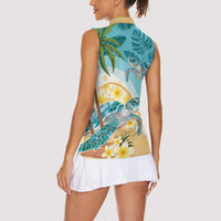 Cayman Islands Women Sleeveless Polo Shirt Sea Turtle Plumeria Tropical Vibes