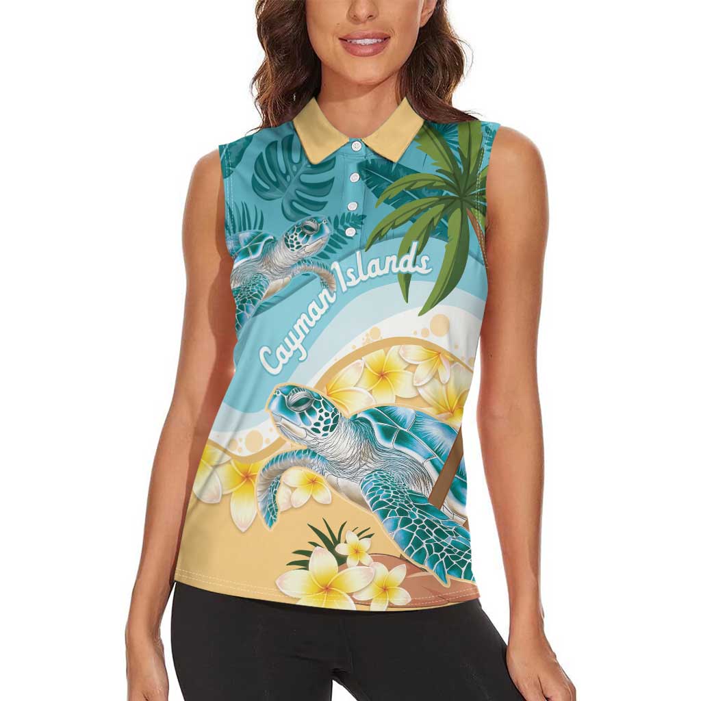Cayman Islands Women Sleeveless Polo Shirt Sea Turtle Plumeria Tropical Vibes